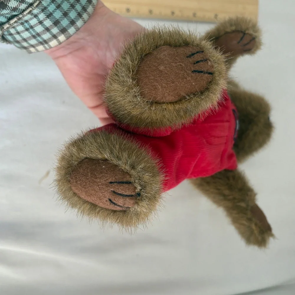 Boyds BearWear Plush Teddy Bear Brown Shaggy‎ Fur Red Corduroy Overalls 10 inch
